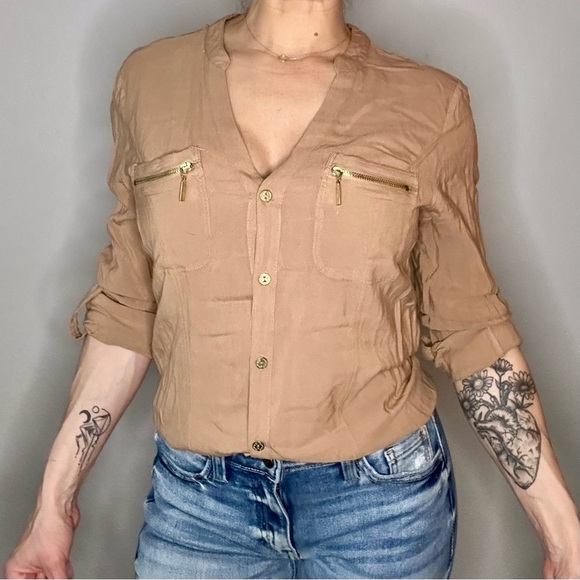 Guess Tan Button-up Long-sleeve Blouse - Picture 2 of 4